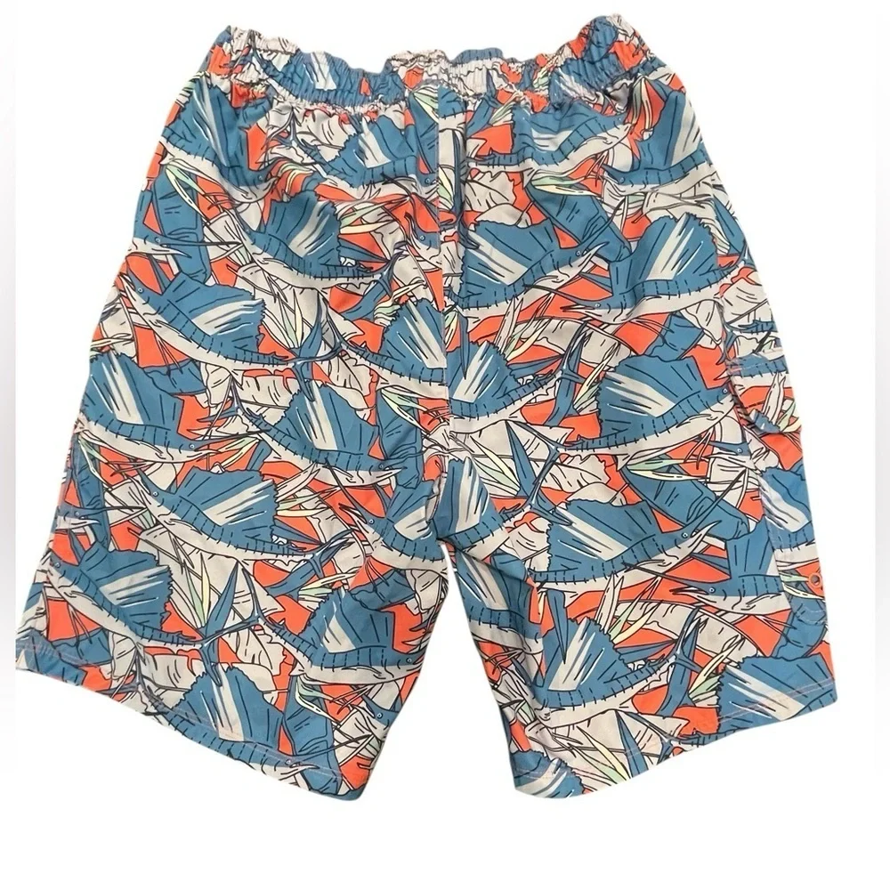 🩵🧡Vineyard Vines Blue and Orange Leaf Print Swim Board Shorts. Size 32. Like new
